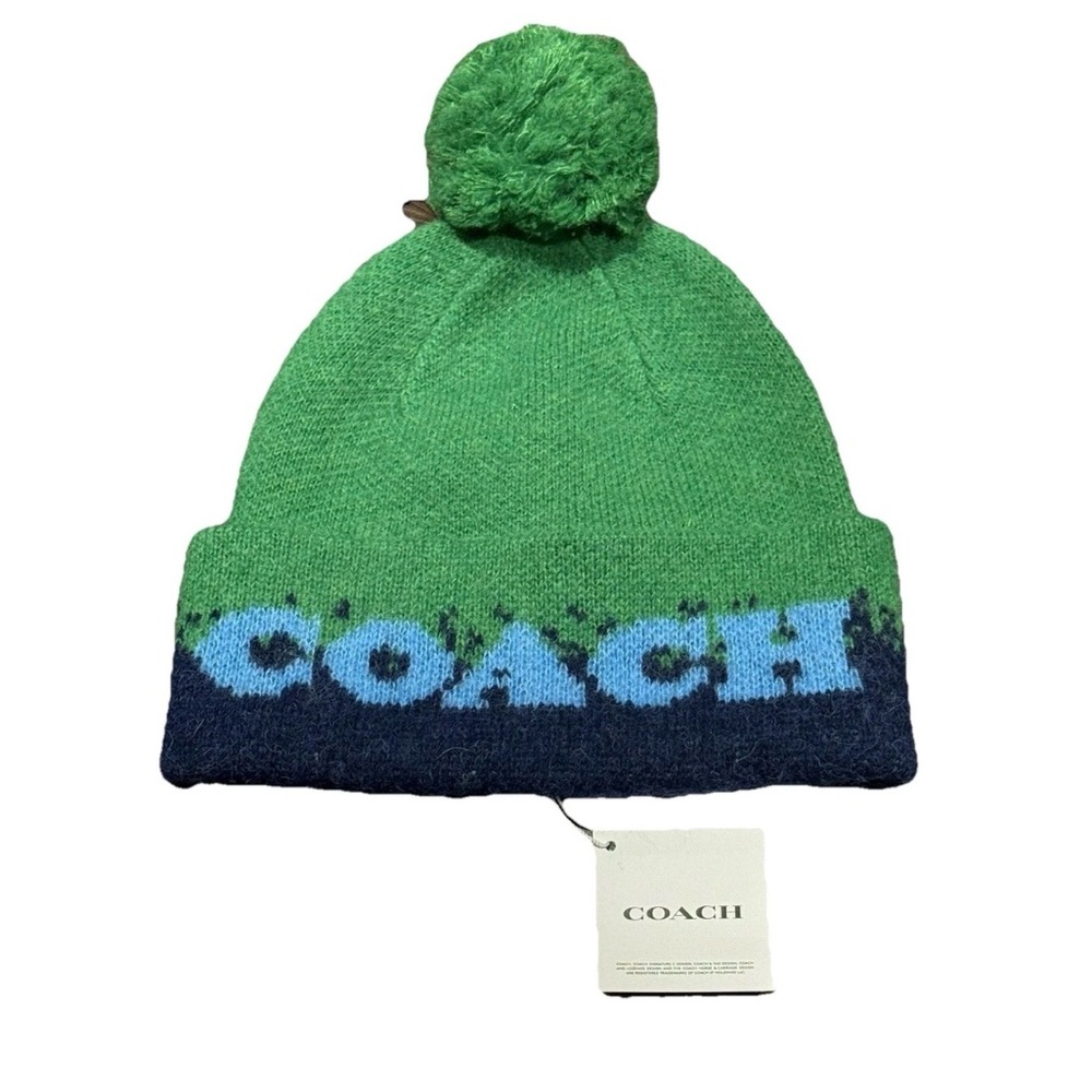 NWT! COACH Alpaca Wool Cuffed Beanie Color Block Pom Beanie One Size Green Blue